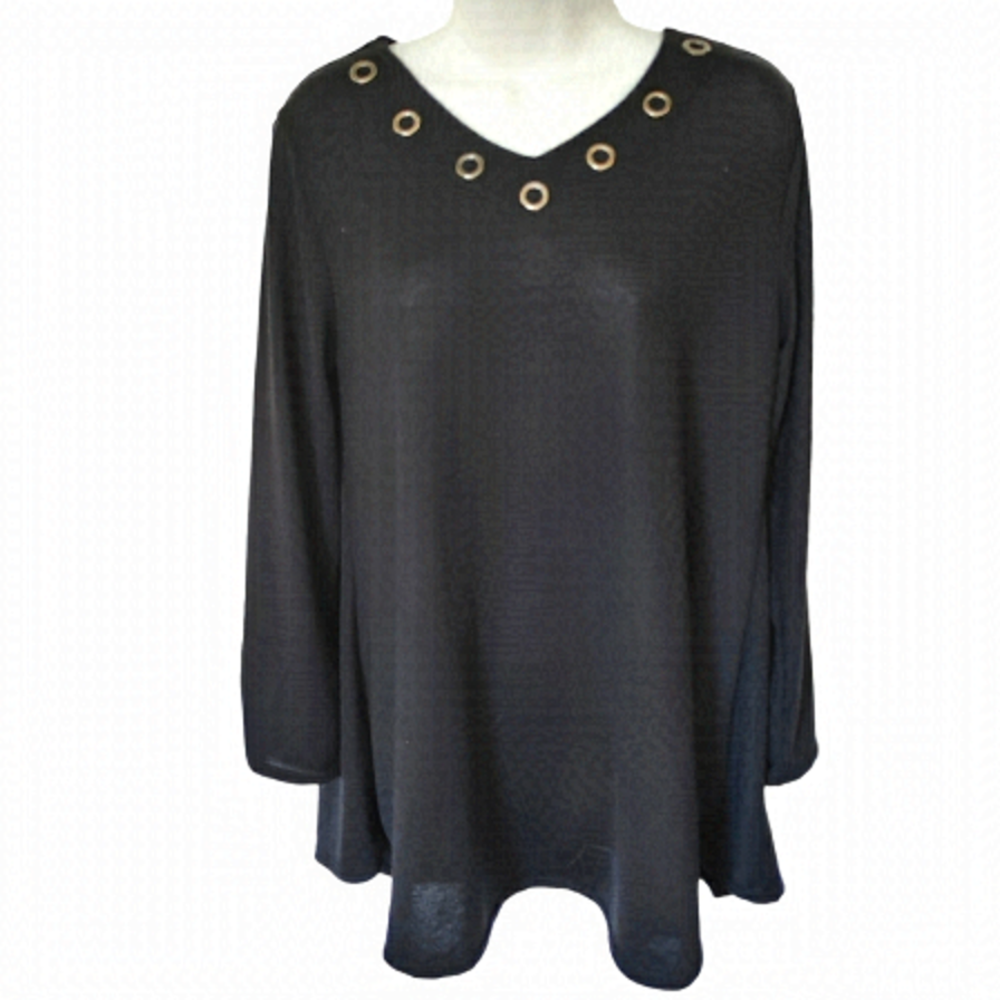 DOMANI Cotton Blend Tunic Top  V Neck 3/4 Sleeve Black Size Medium NWT